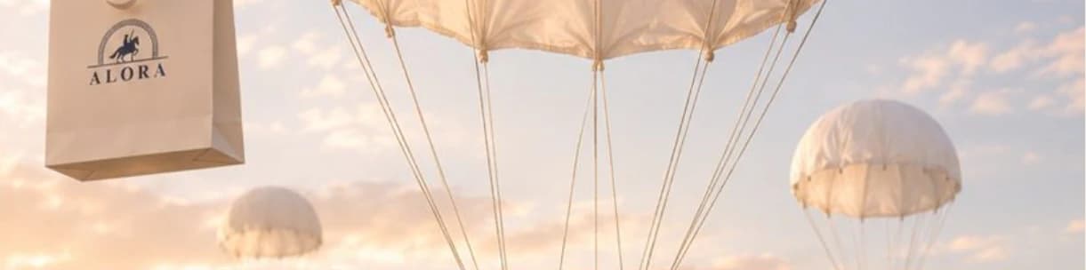 ALORA shopping bags floating down on parachutes
