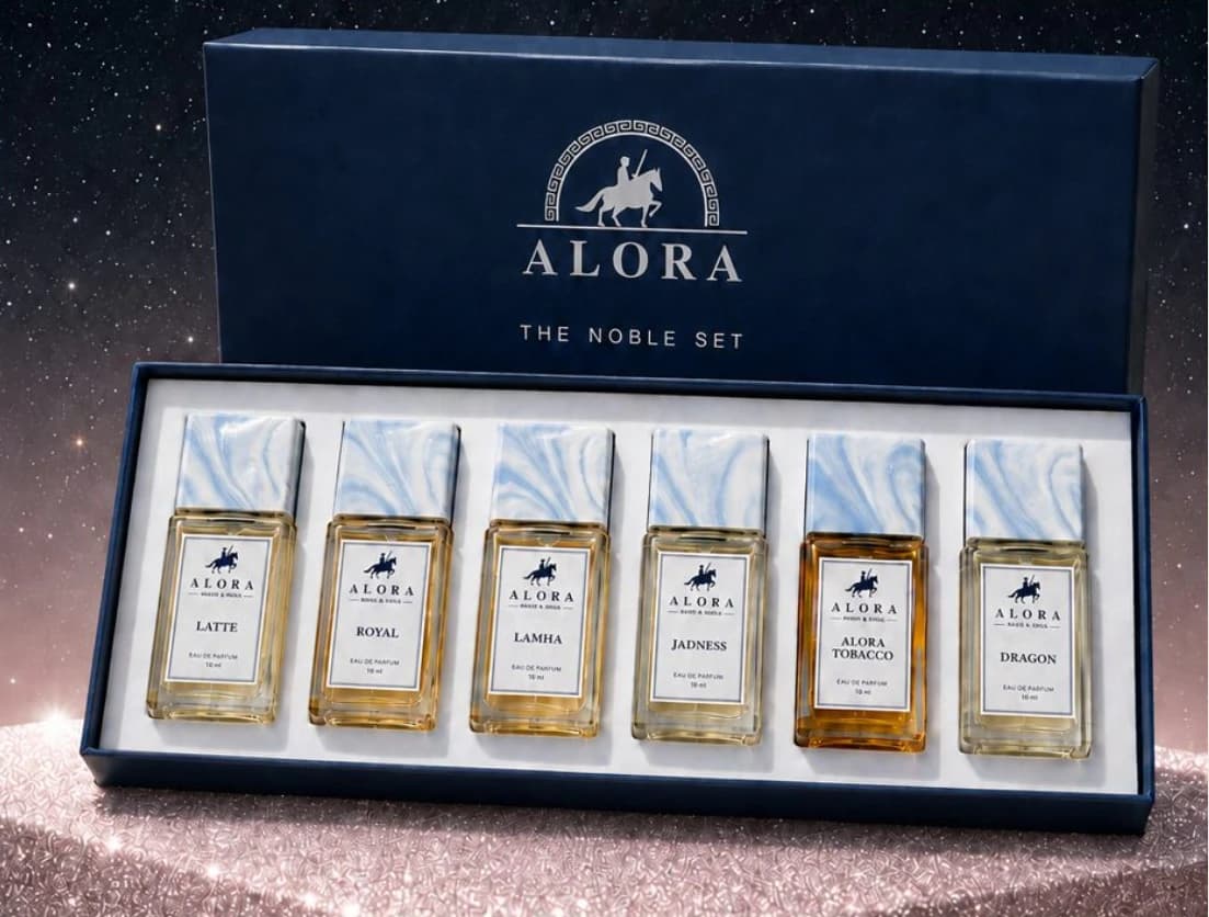 The Elegance Set: a navy ALORA box with six 10 ml bottles